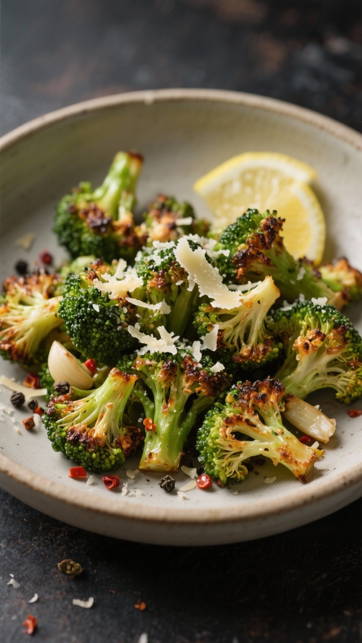 Straight-on plated presentation of garlicky Parmesan broccoli: small florets air-fried until edges are deeply browned and crispy, tossed with olive oil, minced garlic, kosher salt, black pepper, and a pinch of crushed red pepper flakes; finished with a shower of finely grated Parmesan and lemon wedges in the background; neutral ceramic bowl, moody backdrop to accent emerald greens and toasty tips.
