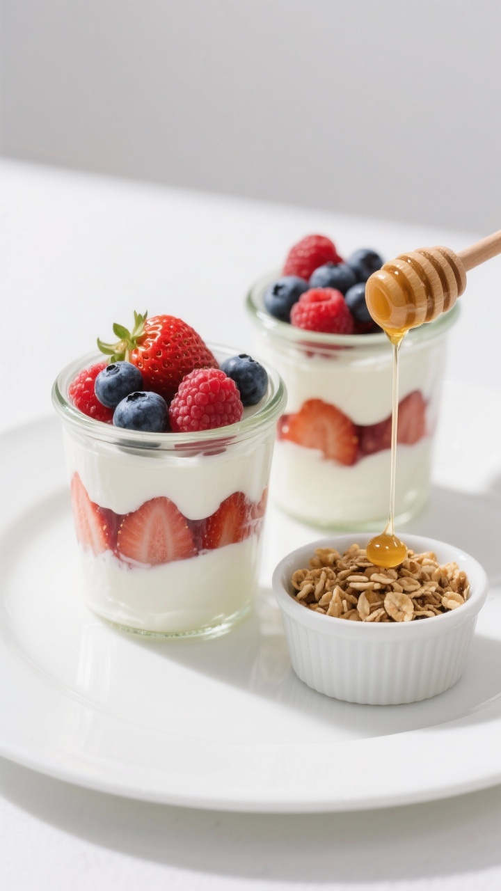 Straight-on plated presentation of Greek yogurt parfait jars, layered thick 2% Greek yogurt lightly sweetened with honey and vanilla, vibrant mixed berries (strawberries, blueberries, raspberries) in distinct layers, and a separate small ramekin of crunchy granola on the side to keep crisp; honey dipper with a thin drip, minimal props, clean white background, high-key lighting.
