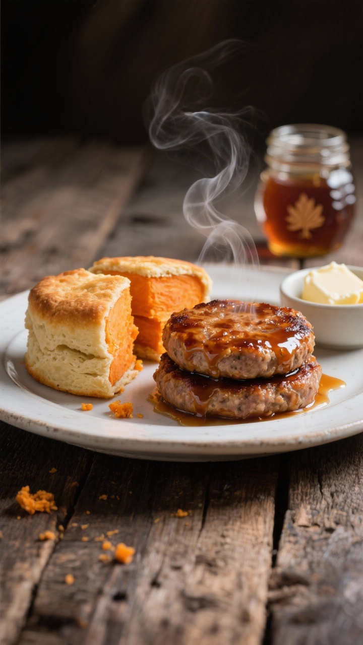 Straight-on plated presentation of maple-glazed breakfast sausage patties stacked beside split sweet potato biscuits: glossy, caramelized maple glaze on the patties, steam rising; biscuits with flaky layers and warm orange hue, crumbs visible; ingredients implied with a small bowl of cold cubed butter and a jar of maple syrup in the background; rustic wooden surface, moody natural light.