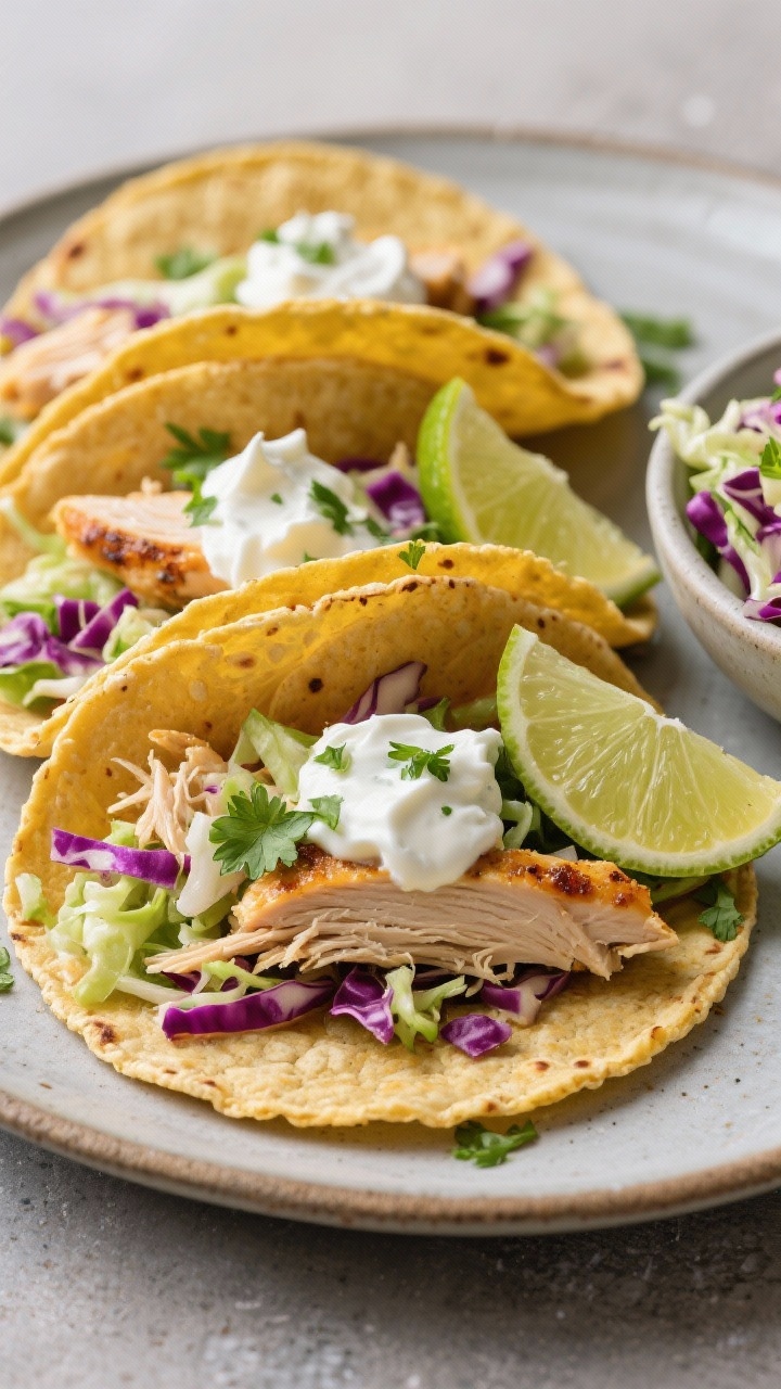 Straight-on plated rotisserie chicken tacos: warm corn tortillas filled with juicy shredded rotisserie chicken, lime-bright cabbage slaw (shredded cabbage/coleslaw mix), dollops of sour cream or Greek yogurt with a touch of mayo for extra creaminess; garnished with thin lime wedges and a sprinkle of chopped cilantro; tacos lined up on a matte ceramic plate with a small bowl of extra slaw on the side; crisp textures, vibrant greens and purples, fast weeknight energy.