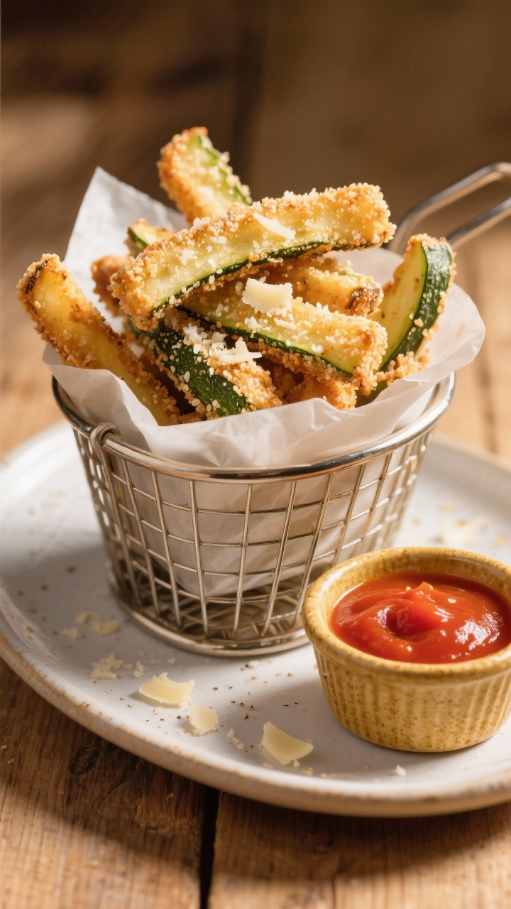 Straight-on plated shot: Garlic-Parmesan zucchini fries stacked high in a parchment-lined wire basket, visibly coated with panko breadcrumbs, grated Parmesan, and garlic powder; a rustic ramekin of bright marinara for dipping; golden, craggy texture emphasized; warm directional light highlighting crisp edges; clean wooden backdrop for an Italian-inspired snack feel.