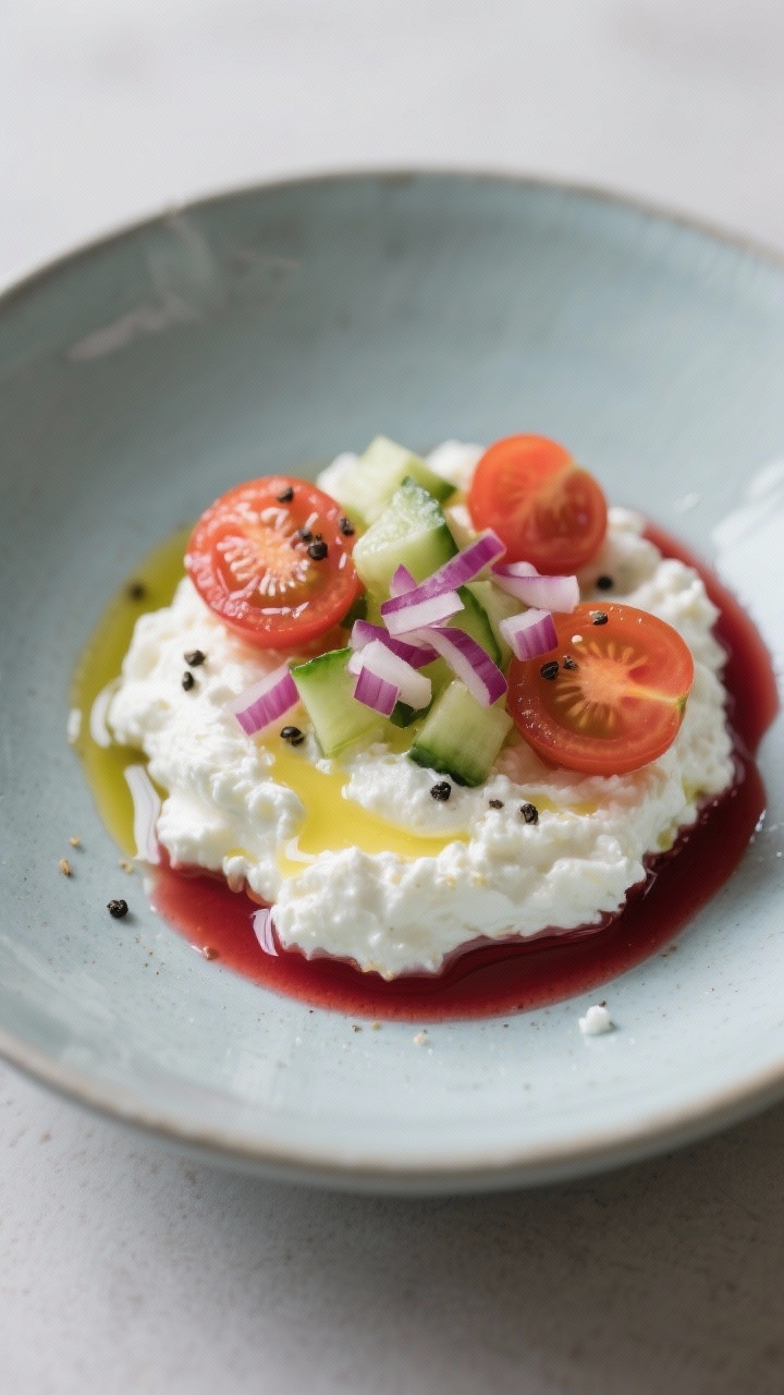 Straight-on plated shot of a savory cottage cheese bowl: low-fat cottage cheese mounded in a shallow bowl, topped with halved cherry tomatoes, diced cucumber, and finely chopped red onion; a glossy ribbon of olive oil and a splash of red wine vinegar glistening on the surface, freshly cracked black pepper; cool-toned ceramics with minimalist styling for crisp, fresh texture.