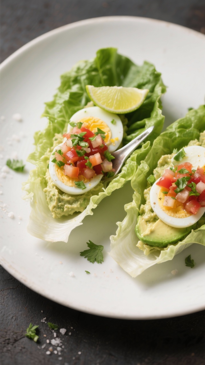 Straight-on plated shot of avocado, egg, and salsa breakfast lettuce boats: romaine or butter lettuce leaves filled with creamy mashed or sliced ripe avocado, neatly layered slices of hard-boiled eggs, spoonfuls of fresh pico de gallo, and a bright squeeze of lime juice, finished with a light sprinkle of chopped cilantro and a pinch of salt. Fresh, crisp, handheld look, no people.