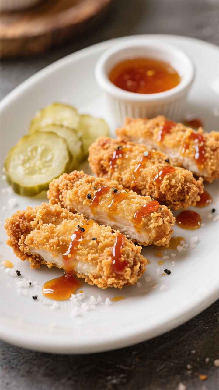 Straight-on plated shot of buttermilk “fried” chicken tenders: craggy, ultra-crisp panko-coated tenders air-fried to a deep golden color, brined in tangy buttermilk with a hint of hot sauce, seasoned with kosher salt and black pepper; drizzled with glossy hot honey that beads along the ridges, served on a white oval plate with pickle chips and a ramekin of extra hot honey; shallow depth of field to highlight crunchy texture.