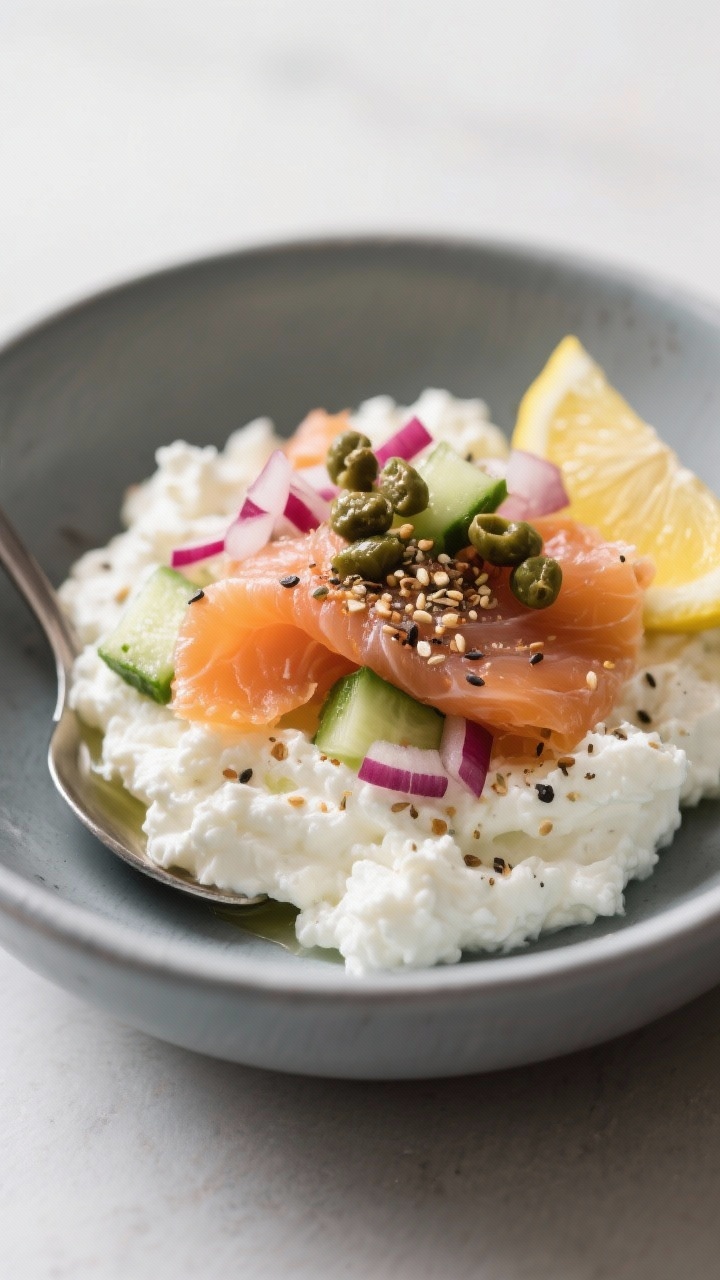Straight-on savory cottage cheese bowl with lox: mound of small-curd cottage cheese topped with silky folds of smoked salmon, diced cucumber, finely chopped red onion, briny capers, and a squeeze of lemon; dusted with everything bagel seasoning for crunch; served in a cool gray bowl with a spoon; minimal, clean backdrop emphasizing creamy and glossy textures.