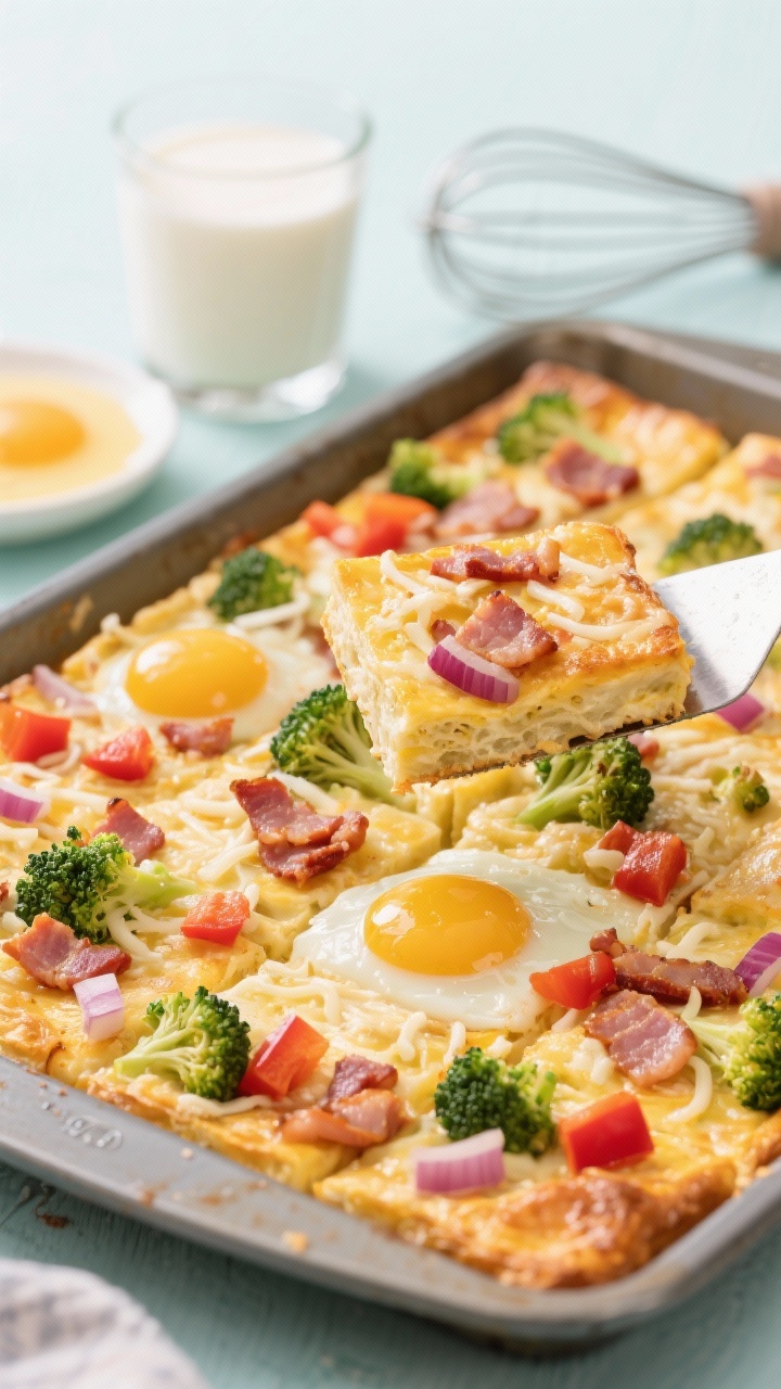 Straight-on sheet-pan scene of veggie and turkey bacon egg squares: a golden baked slab studded with chopped turkey bacon, small broccoli florets, red bell pepper dice, and red onion, with a light layer of melted shredded cheese on top. Squares cut neatly, spatula lifting one piece; milk and whisked eggs in background props, bright family-friendly styling.