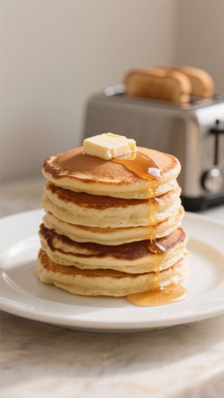 Straight-on shot of a tall stack of buttermilk pancakes on a white plate: evenly browned edges with airy interiors, a pat of melting unsalted butter on top and maple syrup cascading down the sides; a toaster in soft focus behind to hint at toast-from-frozen convenience; warm, soft morning light, minimal props.