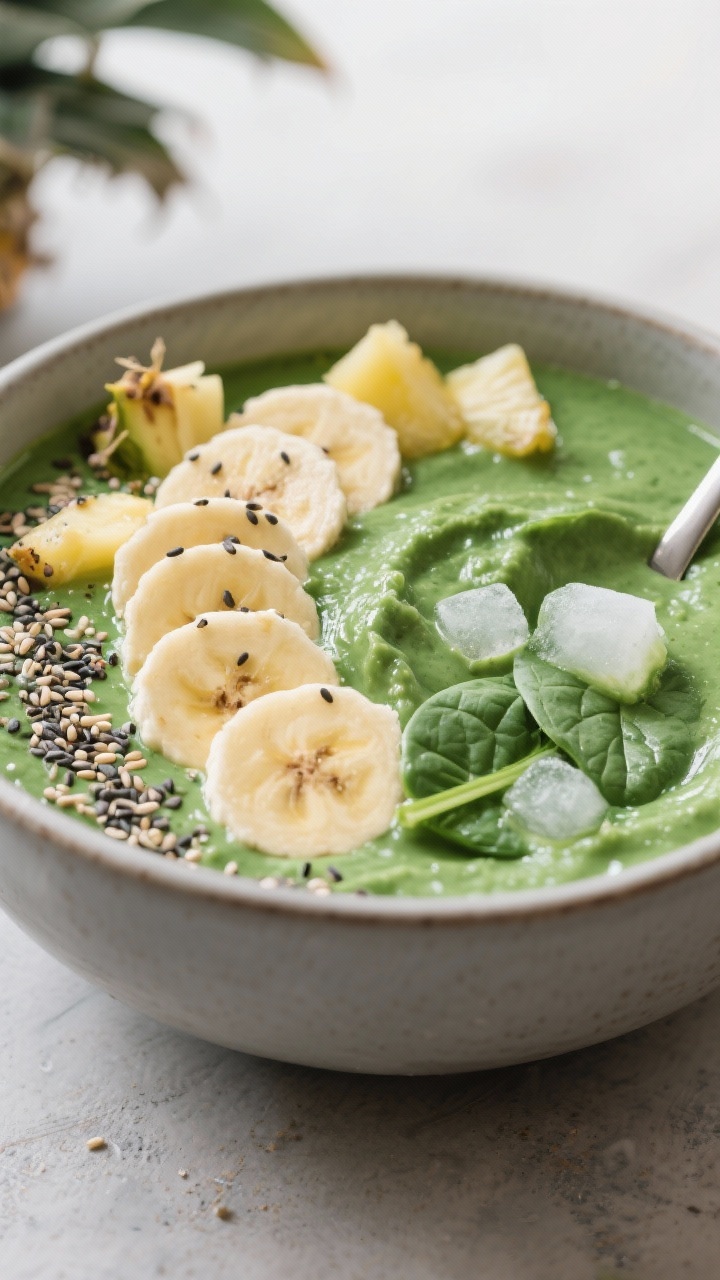 Straight-on shot of a thick green smoothie bowl that actually keeps you full: blended frozen banana, avocado, packed baby spinach, and frozen pineapple with coconut water, enriched with vanilla protein powder and chia seeds. Lush, spoonable texture in a matte ceramic bowl, topped with sliced banana, chia sprinkle, and a few pineapple bits. Fresh, energizing vibe.