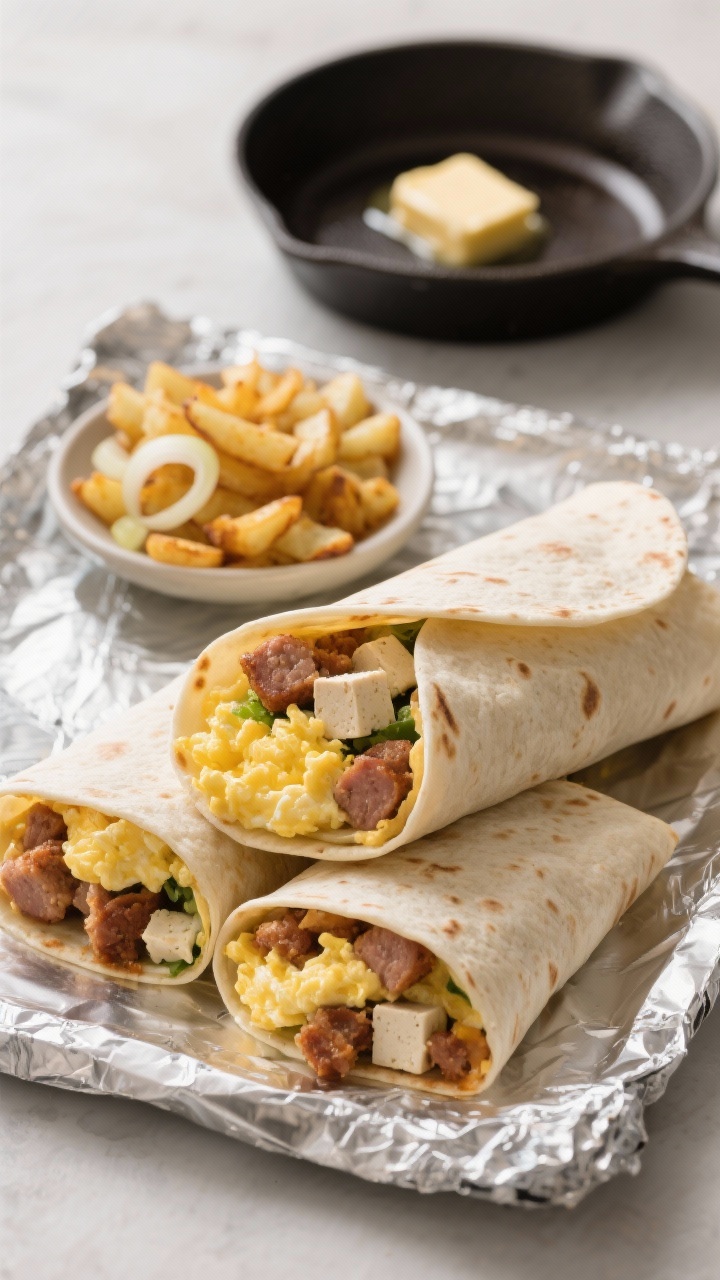 Straight-on shot of assembled savory breakfast burritos on a sheet of foil, ready to freeze: tortillas filled with fluffy scrambled eggs, crumbled breakfast sausage (and optional tofu crumbles in a small dish), crispy golden diced hash browns, sautéed onion; a pat of butter melting in a skillet in the background; neat, tight wrap with one burrito sliced open to show the layers; neutral backdrop, emphasis on hearty, grab-and-go appeal.
