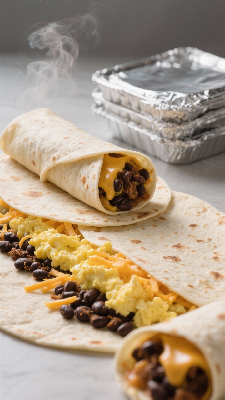 Straight-on shot of assembly line breakfast burritos: warm flour tortillas laid out with a stripe of fluffy scrambled eggs, shredded cheddar/Monterey Jack, smoky black beans (cumin/chili hinted), and a tight roll in progress. One burrito cut open to reveal melty cheese and beans; foil squares stacked behind for freezer-friendly vibes. Neutral background, high contrast, appetizing steam.