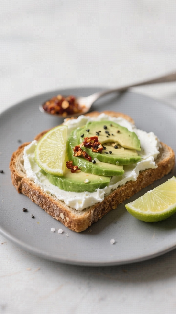 Straight-on shot of avocado-lime ricotta toast: thin whole-grain toast spread with part-skim ricotta, fanned thin slices of avocado, a squeeze of lime juice glistening, salt and black pepper, finished with a restrained spoon of chili crunch; set on a matte plate with a lime wedge nearby, crisp edges and creamy layers emphasized.