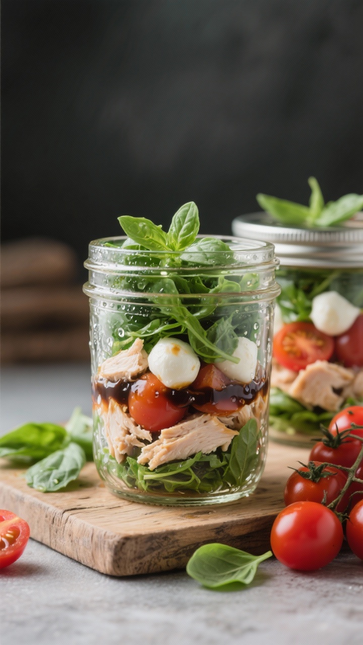 Straight-on shot of caprese chicken salad jars: clear mason jars layered bottom-to-top with balsamic vinaigrette, chopped or shredded cooked chicken breast, halved cherry tomatoes, mini mozzarella balls, torn fresh basil, and fluffy baby spinach/mixed greens; condensation on glass, lids off; a few loose basil leaves and tomatoes on a rustic board; clean, meal-prep mood, no sogginess.