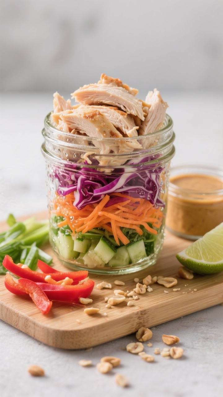 Straight-on shot of crunchy Thai-inspired rainbow chicken salad layered in mason jars: shredded cooked chicken breast on the top layer, beneath it vibrant shredded red cabbage, shredded carrots, thinly sliced red bell pepper, sliced green onions, and diced cucumber; a small jar of peanut-lime dressing placed nearby; ingredients look fresh and crunchy with condensation on glass; arranged on a bamboo board with lime wedges and crushed peanuts sprinkled around; modern, colorful, Thai-inspired styling, sharp focus, no people.