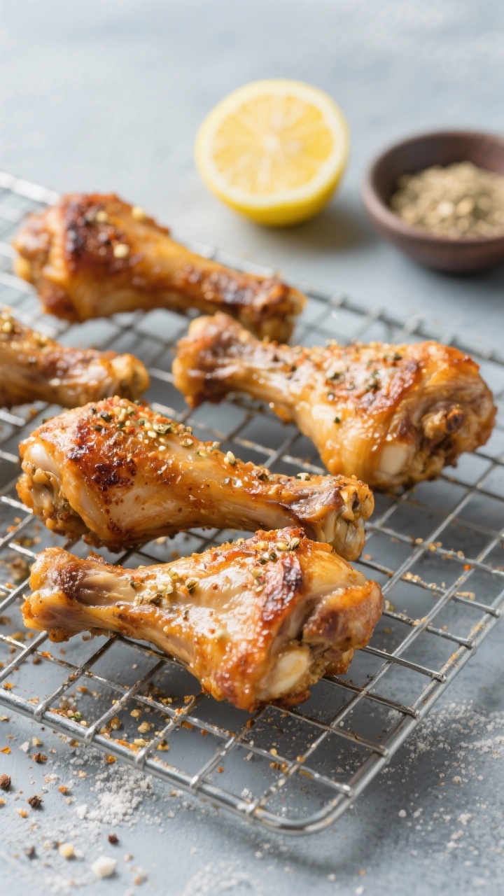 Straight-on shot of lemon-pepper drumsticks on a wire rack, skin crackly and blistered. Seasoning flecks of lemon-pepper and garlic powder visible, dusting of aluminum-free baking powder contributing to crisp skin. A halved lemon and small pinch bowls of seasoning arranged in the background, cool-toned surface, sharp focus on the drumstick skin texture.