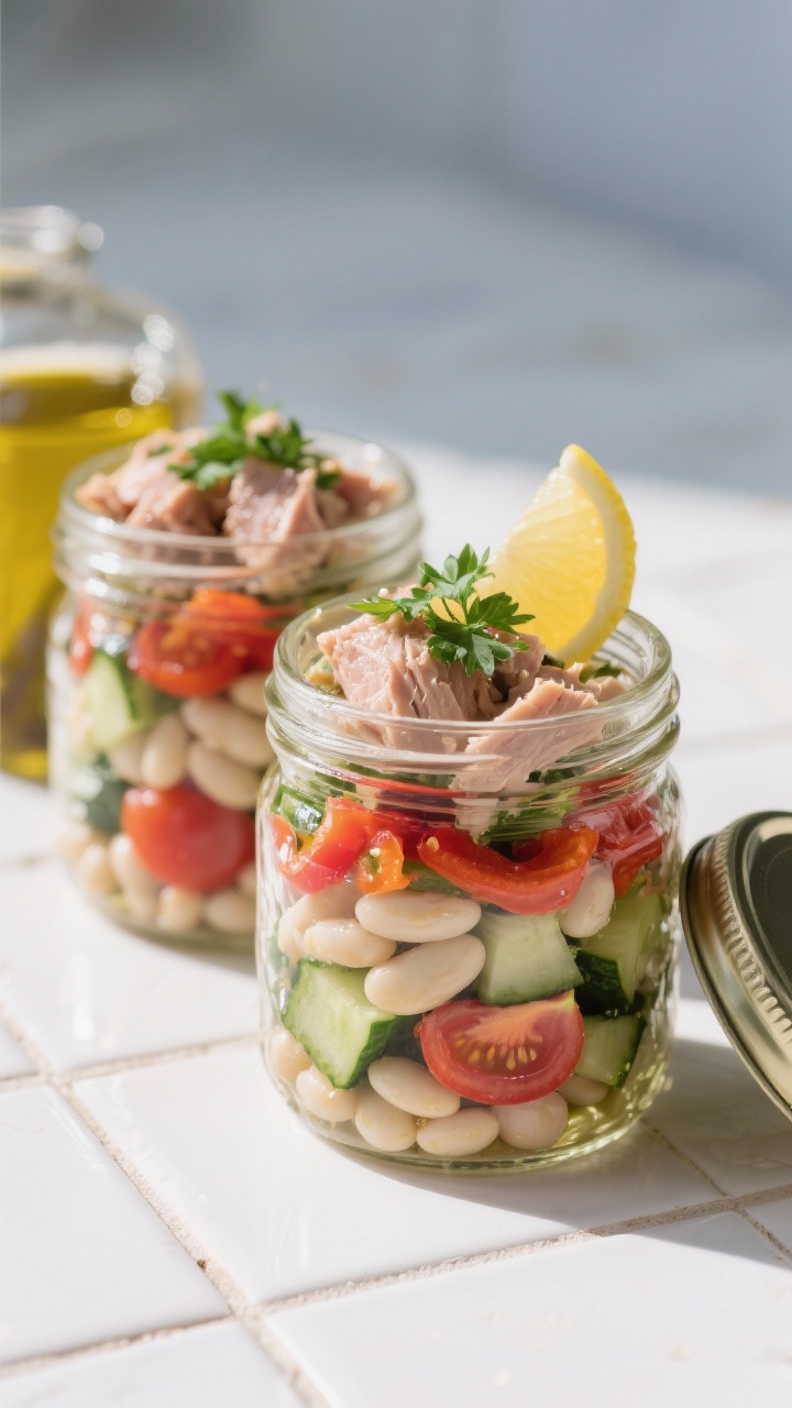 Straight-on shot of Mediterranean Tuna & White Bean Salad layered in mason jars: visible strata of cannellini beans, cherry tomato halves, diced cucumber, sliced roasted red peppers, and tuna in olive oil on top; a sprinkle of chopped parsley and a lemon wedge backdrop; olive oil sheen catching the light; jars lined up with one lid off to show texture; crisp, coastal Mediterranean mood on a white tile surface.