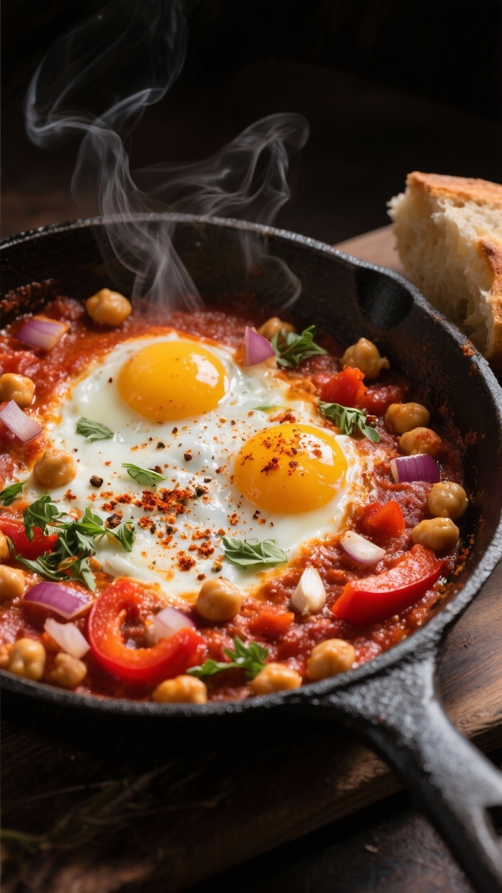 Straight-on shot of shakshuka-style egg skillet with chickpeas and harissa in a cast-iron pan: poached eggs nestled in a simmering tomato base with diced onion and red bell pepper, chickpeas throughout, ribbons of harissa, dusting of cumin and smoked paprika, minced garlic visible. Steam rising, torn herbs and crusty bread off to the side; moody, rich, North African-inspired lighting.