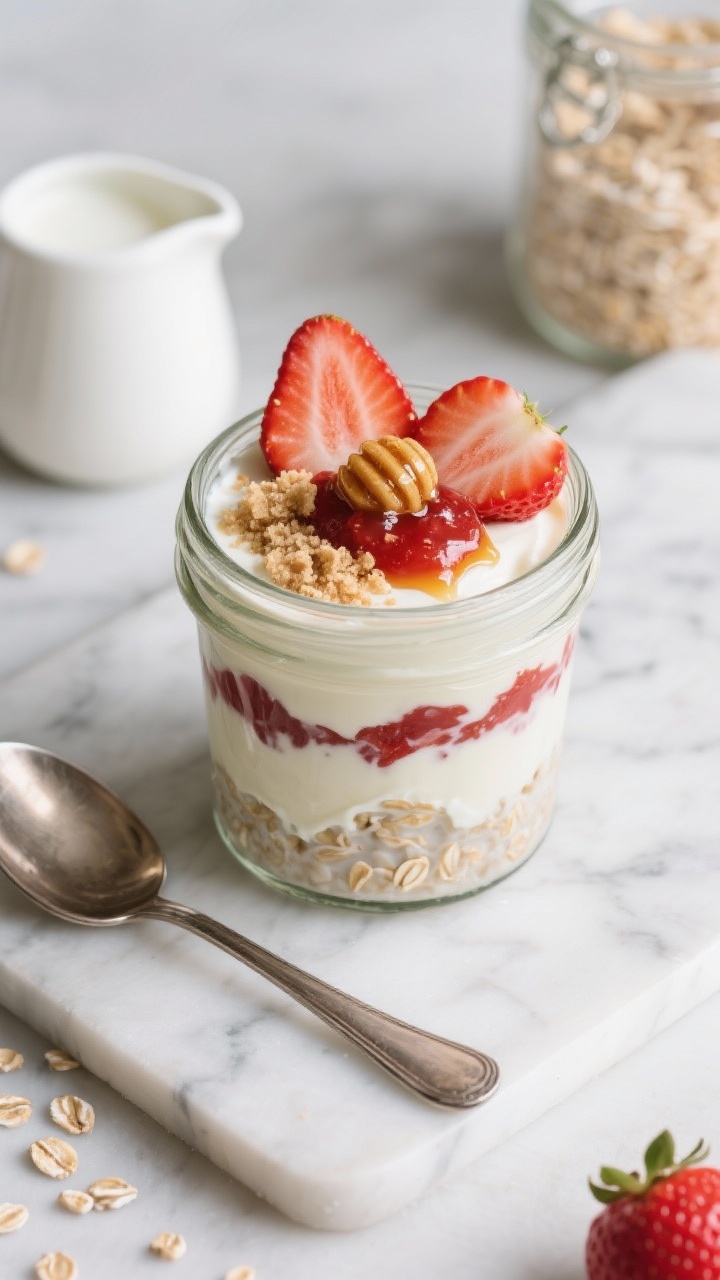Straight-on shot of strawberry cheesecake overnight oats layered in a clear glass jar: creamy rolled oats soaked in milk swirled with Greek yogurt and softened cream cheese, lightly sweetened with maple syrup, vanilla, and a hint of almond; topped with fresh strawberry slices and a small spoonful of strawberry compote, a drizzle of honey, and a sprinkle of crushed graham-style crumbs; set on a marble counter with a spoon, a small pitcher of milk (dairy or oat), and a jar of oats for a dessert-in-a-jar feel