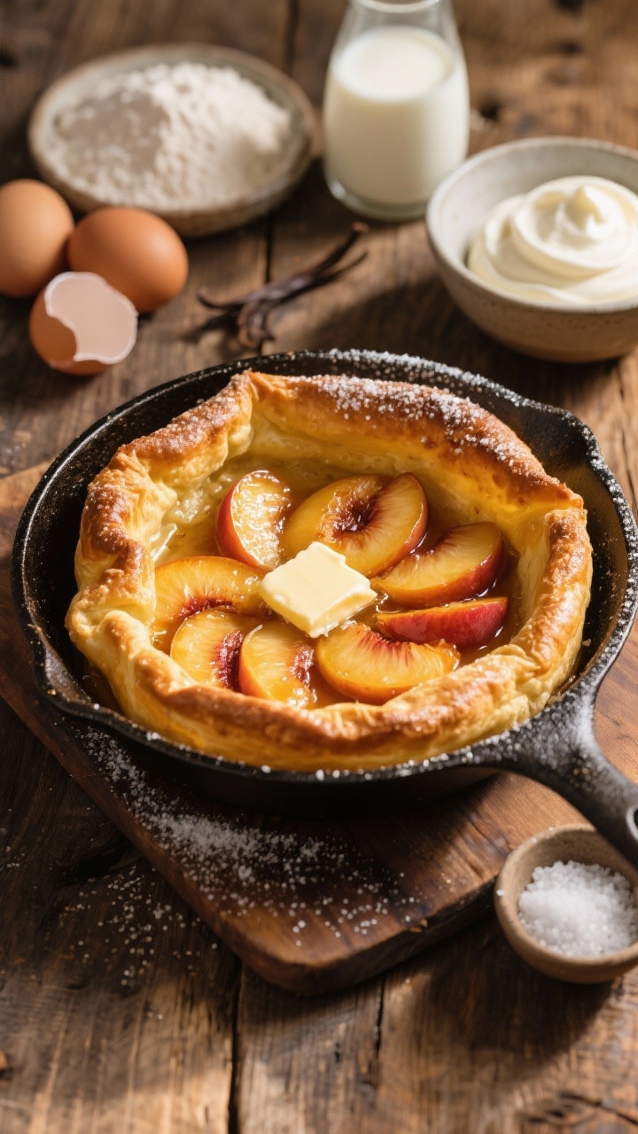 Straight-on skillet scene of a caramelized peach Dutch baby: lofty, golden puff with deeply caramelized peach wedges nestled in the center, edges dramatically curled and browned; a pat of melted unsalted butter glossing the surface, a dusting of sugar, and a side bowl of silky vanilla cream ready for dolloping; ingredients hinted nearby—eggs, milk, flour, vanilla extract, and a pinch bowl of kosher salt—on a cast-iron set over a rustic wood table, warm afternoon light highlighting the peaches’ sheen