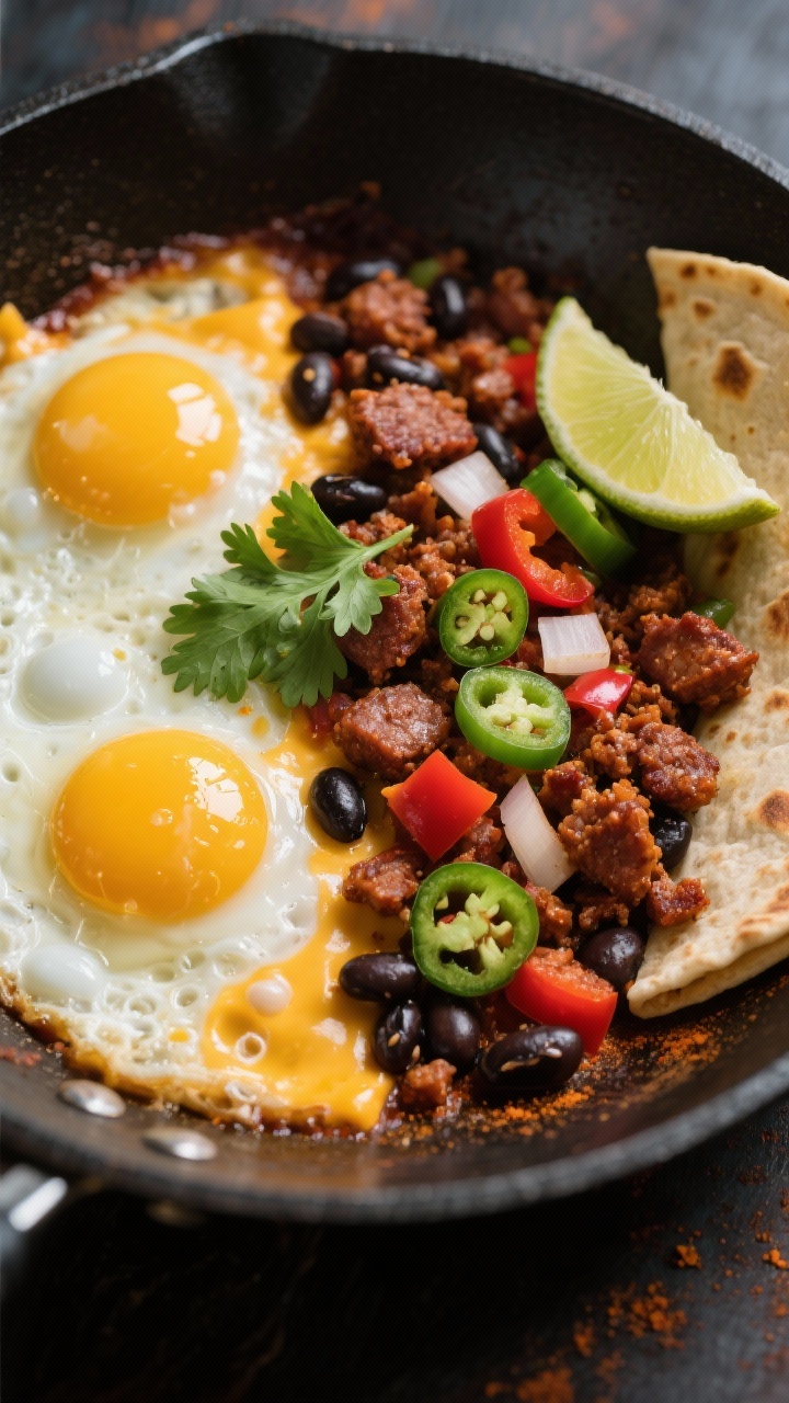 Straight-on skillet scene of a Tex-Mex breakfast: browned crumbles of fresh Mexican chorizo, diced onion, minced jalapeño, and red bell pepper sautéed together, black beans folded in, a sprinkle of ground spices (chili powder/cumin) blooming in the oil, cheddar melted into bubbly pockets; eggs nestled and just set with glossy yolks, cilantro and lime wedge on the side, warm tortillas partially visible, bold, smoky color palette.