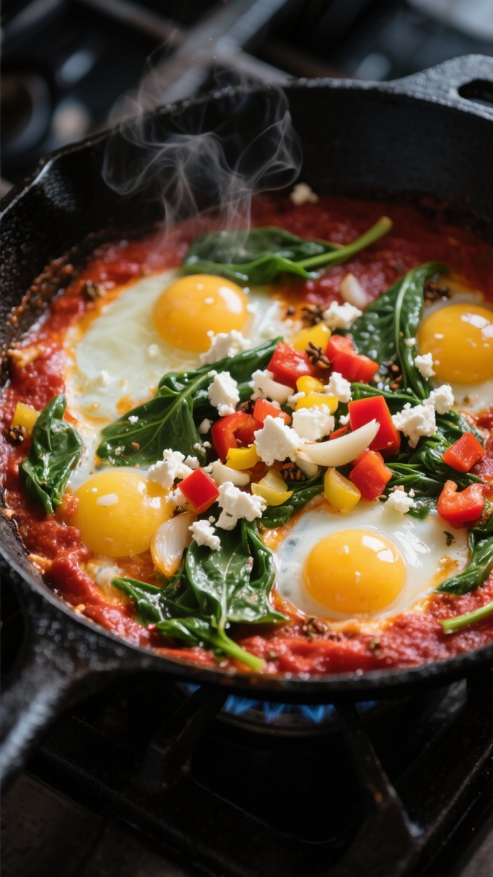 Straight-on skillet shakshuka in-process: black cast-iron skillet on stovetop with olive oil-sautéed finely chopped yellow onion, diced red bell pepper, and minced garlic simmering in a cumin- and smoked paprika-spiced tomato base; wilted spinach ribbons folded in; eggs just cracked with whites setting and yolks bright and glossy; crumbles of feta sprinkled over; steam rising, rich red sauce contrasting with green spinach and white feta, moody side light for depth.