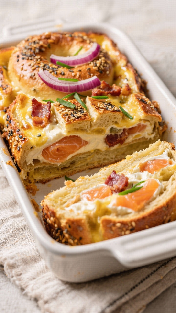 Straight-on slice shot of an everything bagel strata: tall, custardy layers of cubed everything bagels studded with swirls of melting cream cheese, bits of cooked crumbled bacon (and a few pockets of smoked salmon in a second slice on the tray), thinly sliced red onion and fresh chives on top; golden crust, glossy custard set, served in an enamel baking dish on a linen.