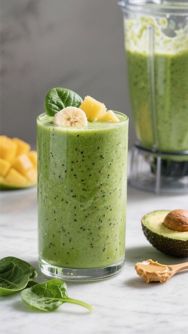 Tall glass hero shot of a blender green smoothie: vibrant green blend from baby spinach, frozen banana, frozen mango, and milk of choice, with a silky surface and tiny chia or flax specks; staged beside the open blender jar with remaining puree, a half avocado/nut butter spoon nearby, and a few spinach leaves for context.