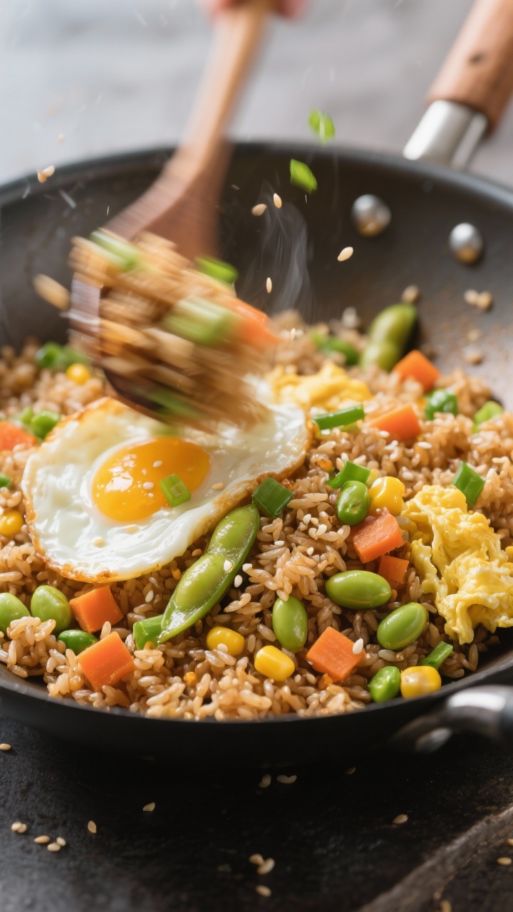Wok-side action shot at 45 degrees of high-protein breakfast fried rice: fluffy brown rice tossed with shelled edamame, scrambled ribbons of egg, mixed veggies (carrots, peas, corn), and sliced green onions. A light sheen of oil on grains, sesame seeds scattered, motion blur on spatula stir; bright, punchy colors and sizzling energy.