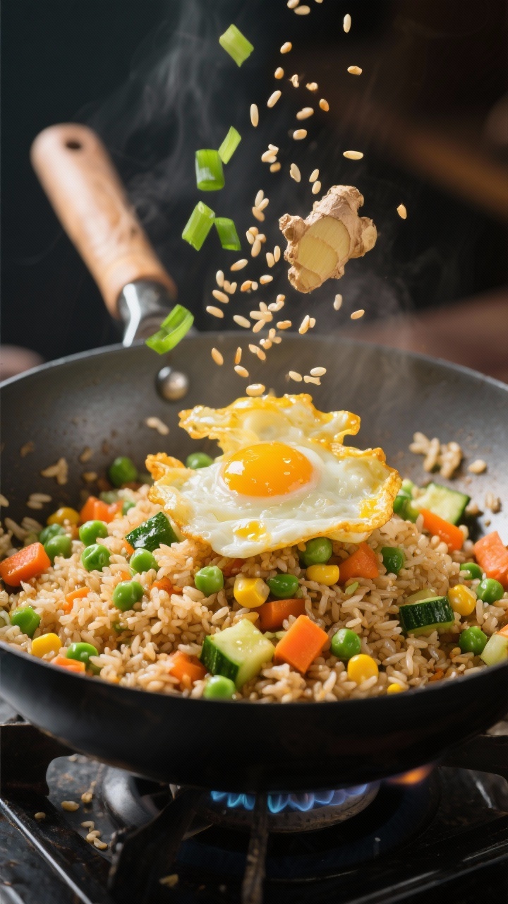 Wok-side action shot at 45 degrees: veggie-packed breakfast fried rice tossed with day-old jasmine/brown rice, frozen peas-carrots-corn, diced zucchini, and sliced scallions, glistening with neutral oil. A space in the center shows just-scrambled egg ribbons being folded through; hints of ginger and sesame (bottle or seeds) visible. High heat, a few grains mid-air, vibrant greens and oranges pop.
