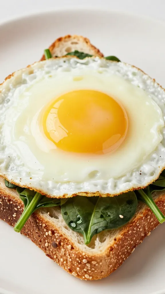 fried egg sandwich with spinach on seeded sourdough, closeup