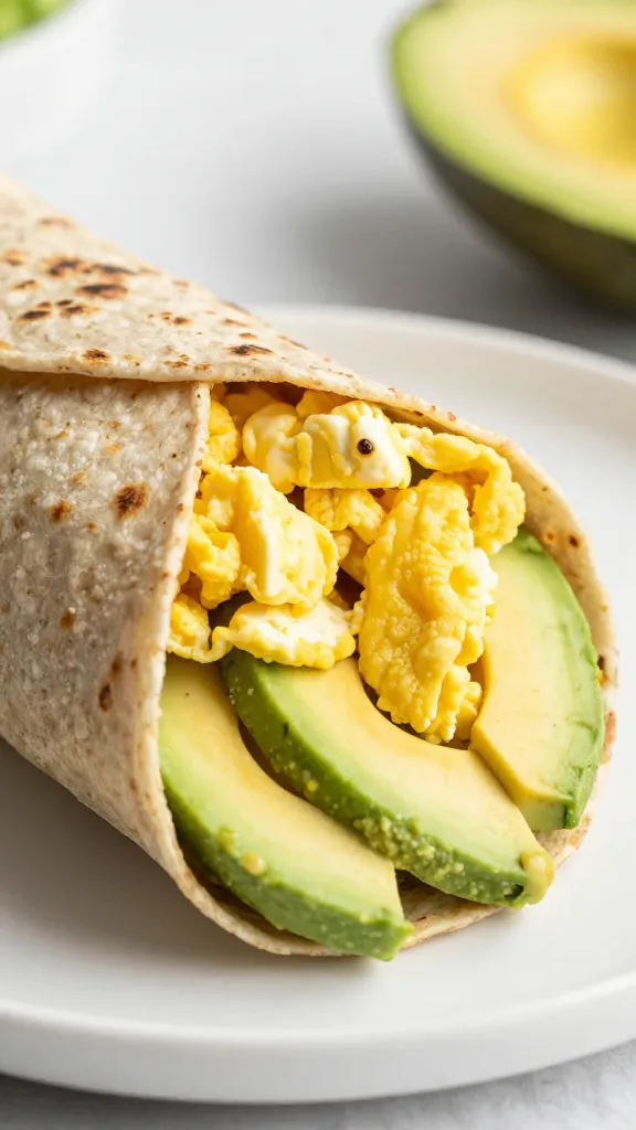 scrambled egg wrap with whole-grain tortilla, avocado slices