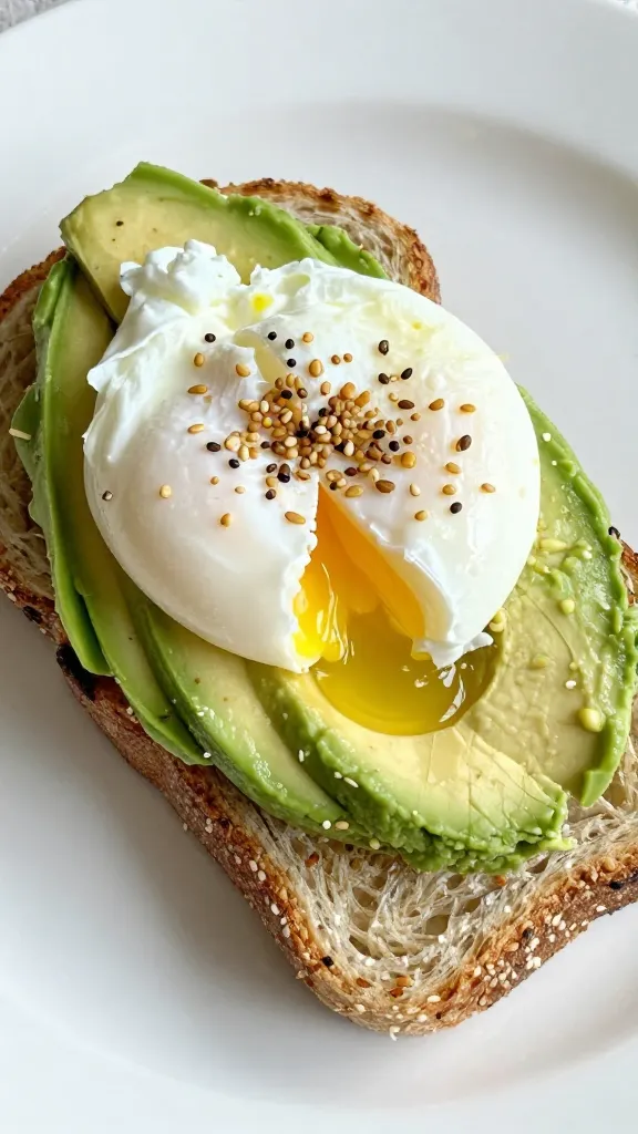 poached egg on smashed avocado, whole-grain toast, sesame