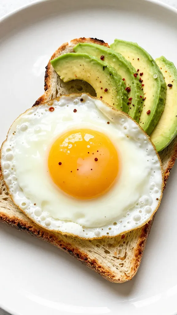 fried egg and avocado on rye toast, chili flakes