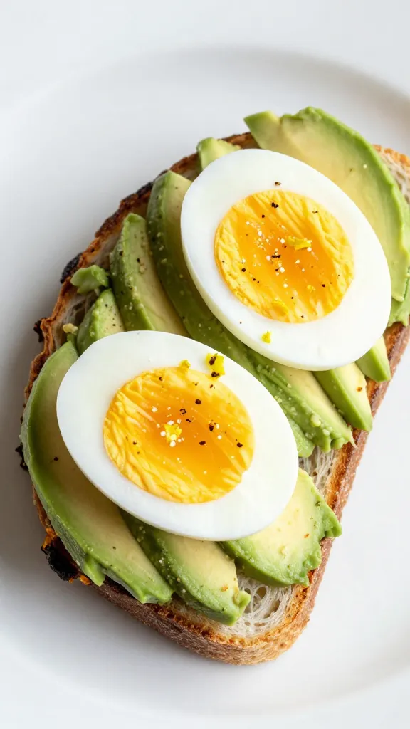 soft-boiled egg halves over avocado toast, lemon zest