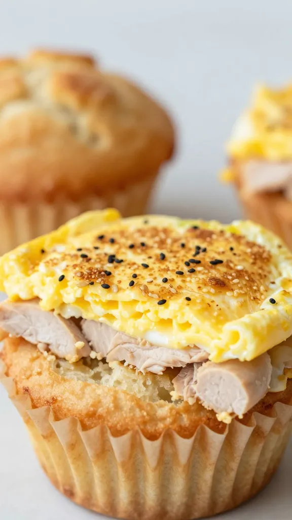 closeup high-protein egg and turkey melt on muffin