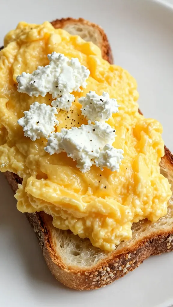fluffy scrambled eggs with cottage cheese on toasted sourdough