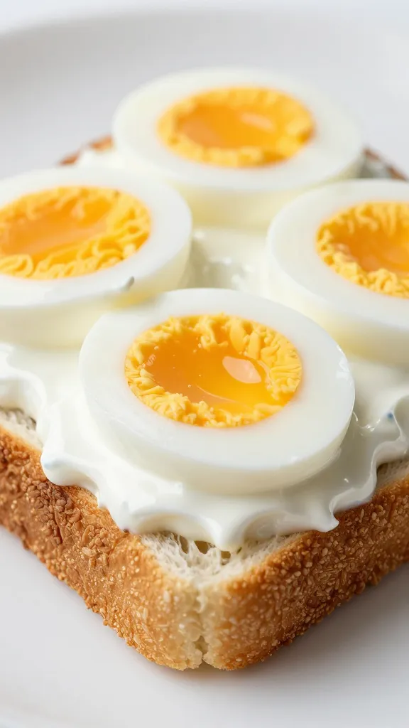 hard-boiled egg sandwich with Greek yogurt sauce, closeup