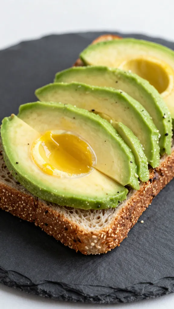 closeup whole-grain egg sandwich with avocado on slate plate