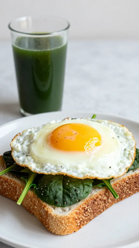 fried egg sandwich on sprouted bread with spinach, macro shot