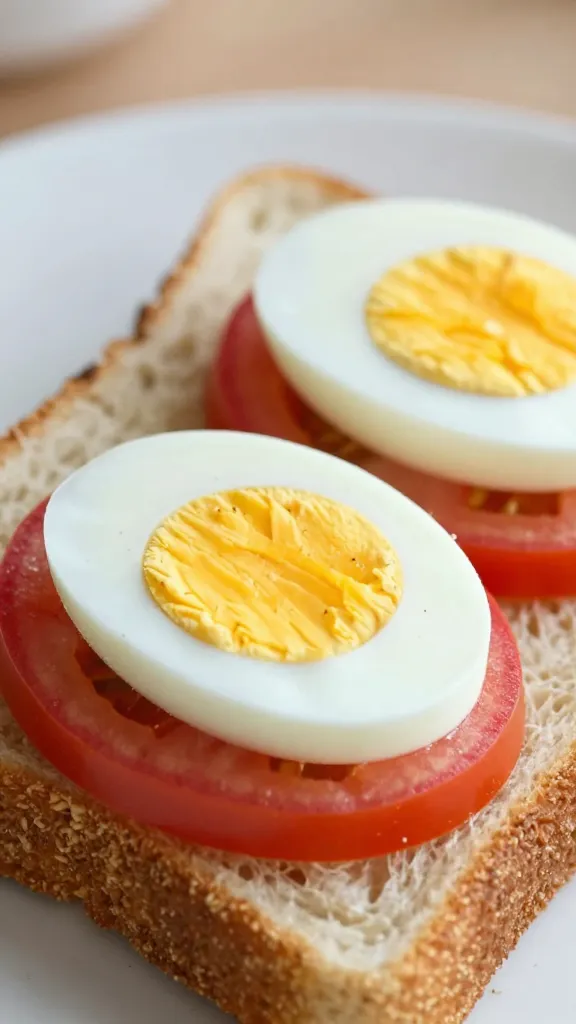 open-faced egg white sandwich with tomato on rye, closeup