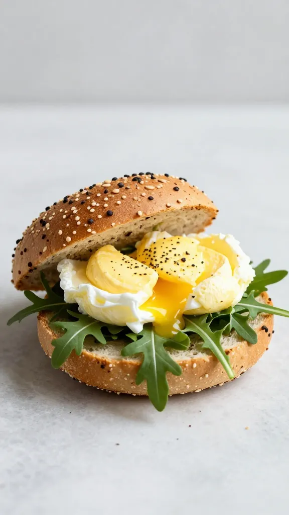 poached egg sandwich with arugula on seeded bun, studio lighting