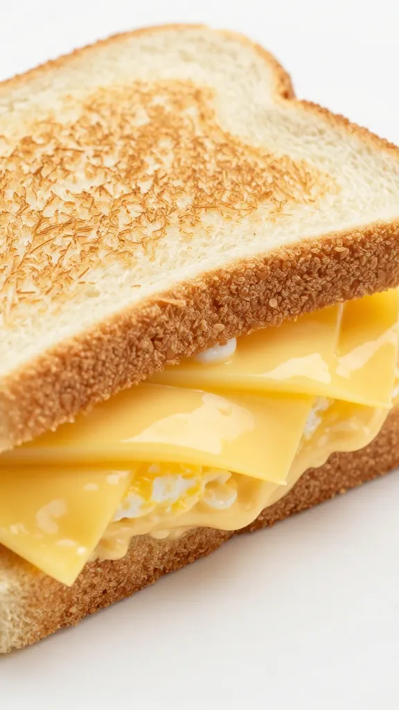closeup classic diner egg-and-cheese sandwich on buttered white bread