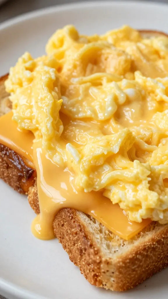 glossy mayo-crusted toast with gooey American cheese and soft-scramble