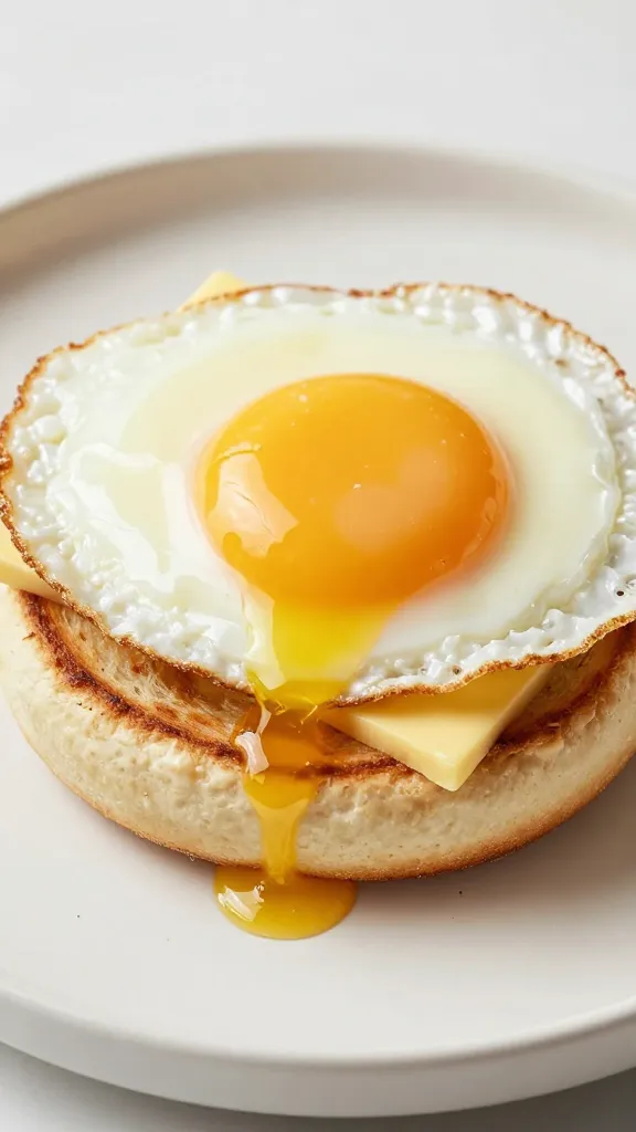 runny yolk fried egg sandwich on buttered English muffin