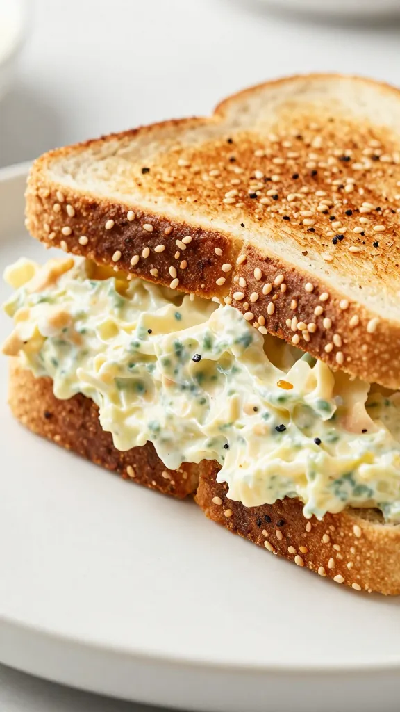 creamy egg salad sandwich on toasted sourdough, sesame crust