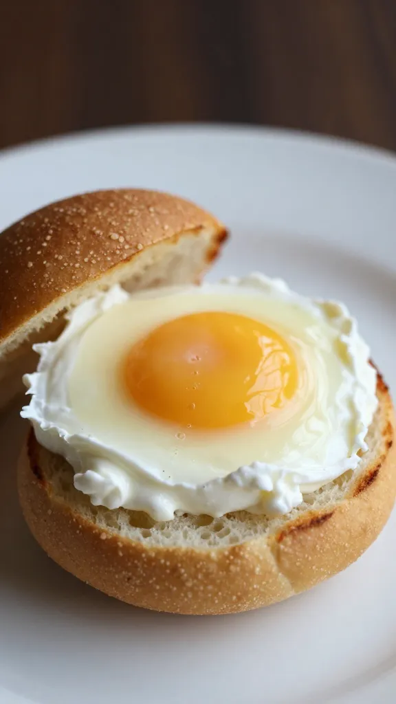 coddled eggs with crème fraîche on toasted potato bun