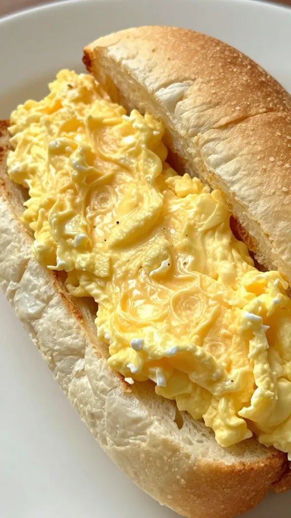 closeup soft-scrambled egg sandwich on buttered kaiser roll