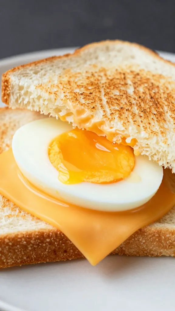 runny yolk egg sandwich with cheddar, toasted white bread