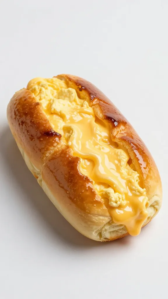 glossy soft-scramble with melted cheese, single diner-style roll