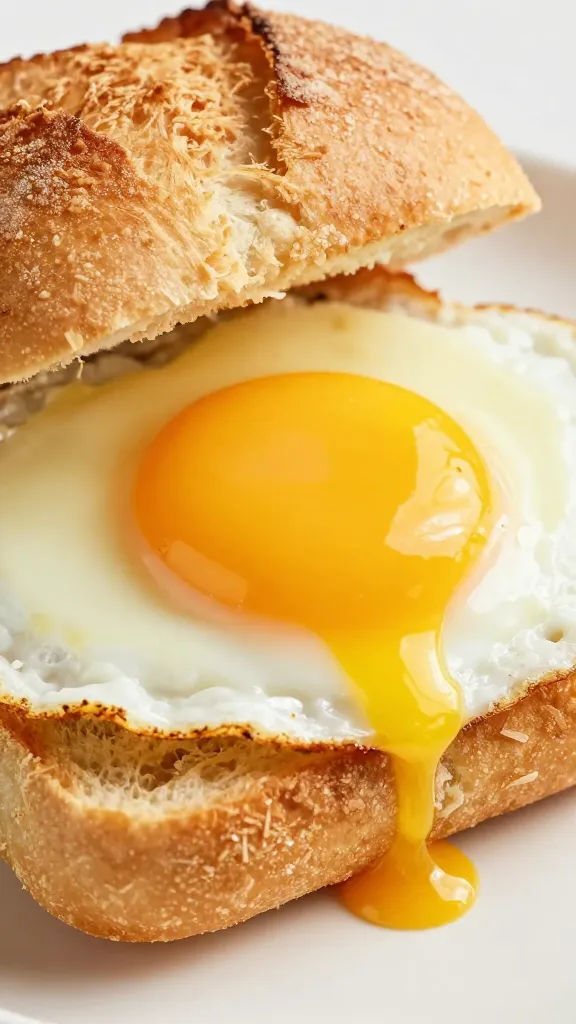 closeup fried egg sandwich on crusty roll, dripping yolk
