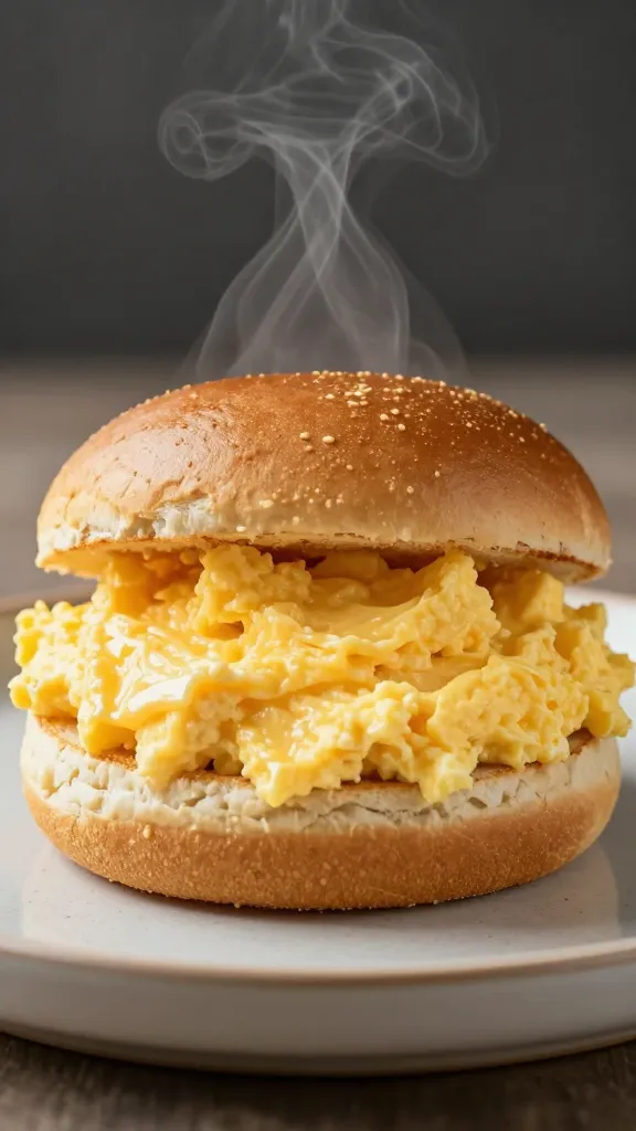 creamy scrambled egg sandwich on soft brioche bun, steam